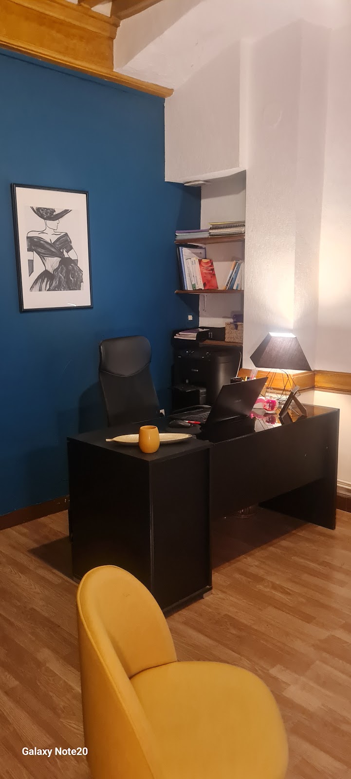 Cabinet de consultation de Virginie Serrano naturopathe à Châtillon-sur-Chalaronne avec bureau noir et mur bleu.