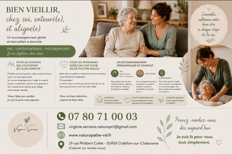 Flyer de présentation des services de Virginie Serrano, naturopathe et ostéothérapeute à domicile.