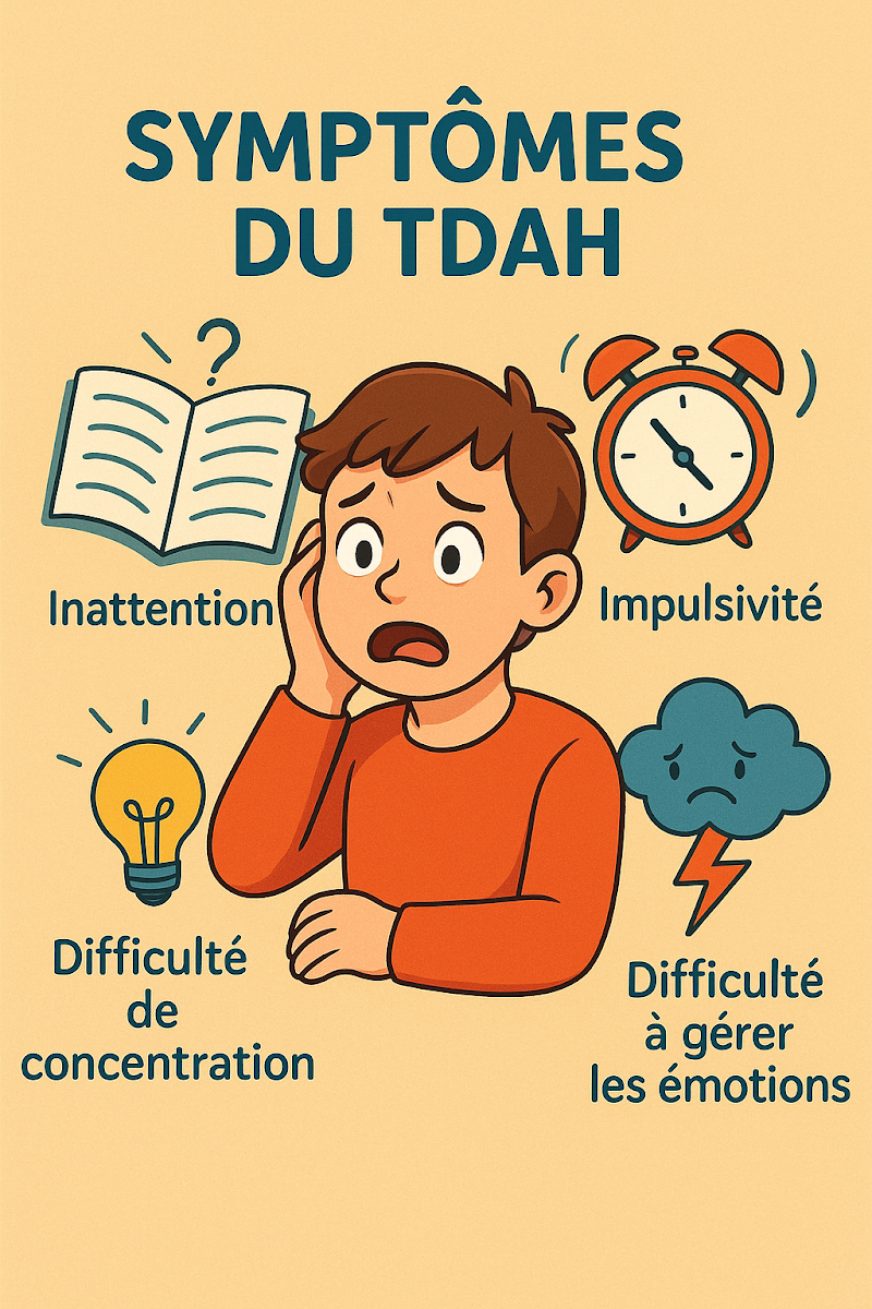 Infographie explicative des symptômes du TDAH chez l'enfant avec illustrations simples.